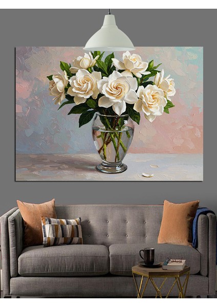 Vazoda Beyaz Çiçekler Dekoratif Kanvas - Mdf Ahşap Tablo indirimleri
