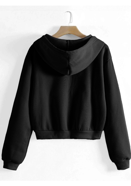 Kadın Pamuklu Crop Model Kanguru Cepli Sonbahar ve Ilkbahar Kapüşonlu Crop Sweatshirt fiyatları