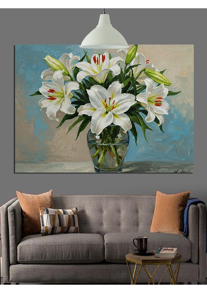 Vazoda Beyaz Zambaklar Dekoratif Kanvas - Mdf Ahşap Tablo