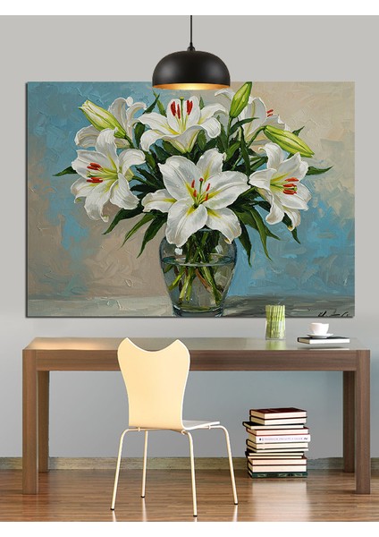 Vazoda Beyaz Zambaklar Dekoratif Kanvas - Mdf Ahşap Tablo fiyatları