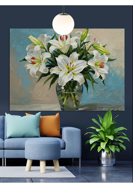 Vazoda Beyaz Zambaklar Dekoratif Kanvas - Mdf Ahşap Tablo modelleri