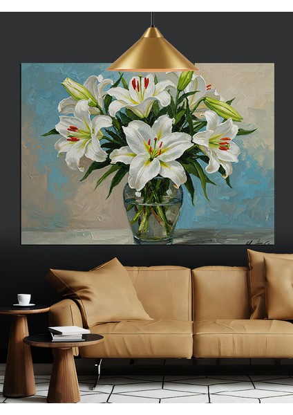Vazoda Beyaz Zambaklar Dekoratif Kanvas - Mdf Ahşap Tablo fırsatları