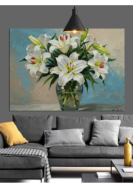 Vazoda Beyaz Zambaklar Dekoratif Kanvas - Mdf Ahşap Tablo indirimleri