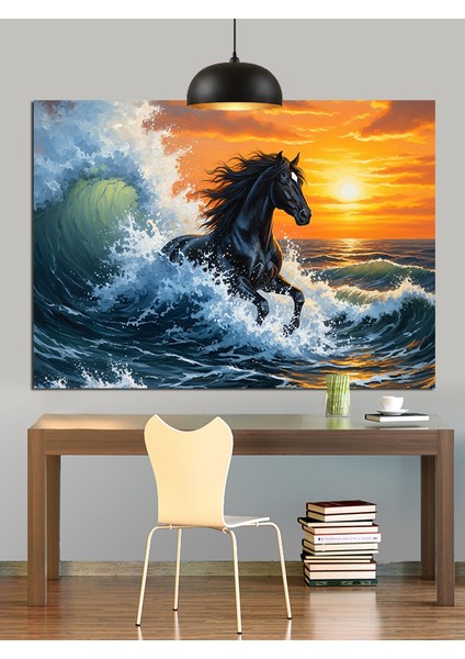 Dalgalar Arasında Siyah At Dekoratif Kanvas - Mdf Ahşap Tablo