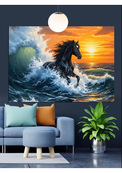 Dalgalar Arasında Siyah At Dekoratif Kanvas - Mdf Ahşap Tablo fiyatları