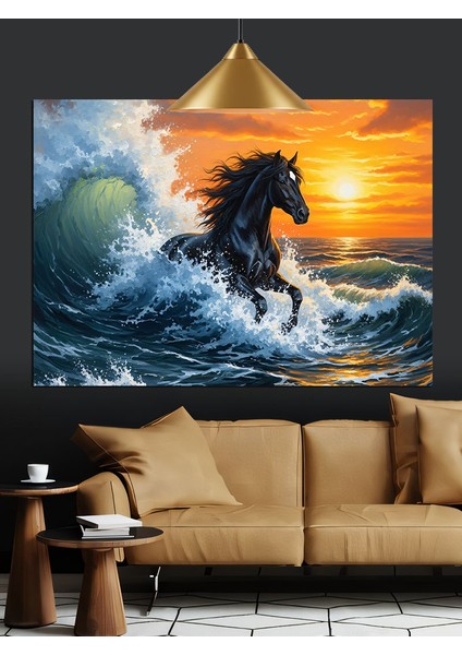 Dalgalar Arasında Siyah At Dekoratif Kanvas - Mdf Ahşap Tablo modelleri