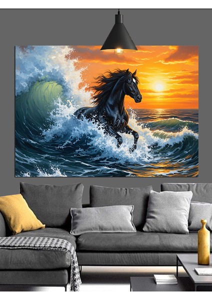 Dalgalar Arasında Siyah At Dekoratif Kanvas - Mdf Ahşap Tablo fırsatları