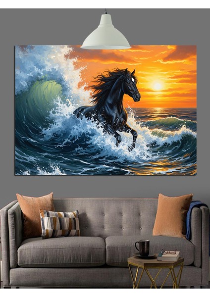 Dalgalar Arasında Siyah At Dekoratif Kanvas - Mdf Ahşap Tablo indirimleri