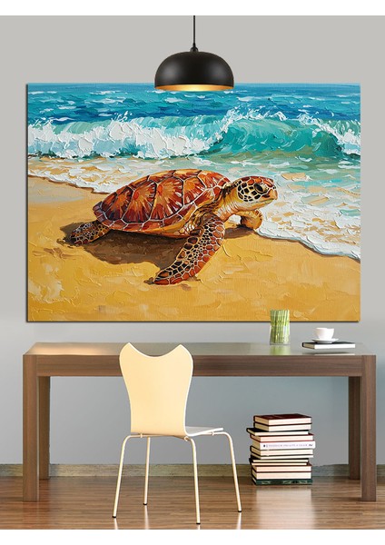 Sahilde Yürüyen Kaplumbağa Dekoratif Kanvas - Mdf Ahşap Tablo