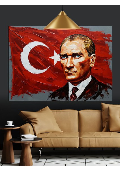 Türk Bayrağı Önünde Atatürk Dekoratif Kanvas - Mdf Ahşap Tablo