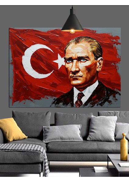 Türk Bayrağı Önünde Atatürk Dekoratif Kanvas - Mdf Ahşap Tablo fiyatları
