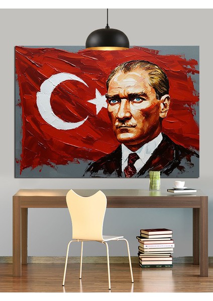 Türk Bayrağı Önünde Atatürk Dekoratif Kanvas - Mdf Ahşap Tablo fırsatları