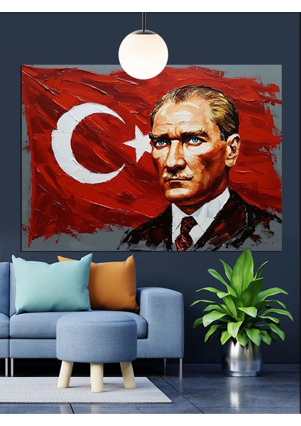 Türk Bayrağı Önünde Atatürk Dekoratif Kanvas - Mdf Ahşap Tablo indirimleri