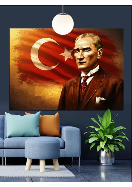 Kırmızı Fonlu Atatürk Portresi Dekoratif Kanvas - Mdf Ahşap Tablo