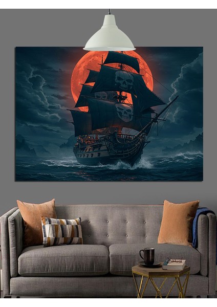 Kırmızı Ay Altında Yelkenli Gemi Dekoratif Kanvas - Mdf Ahşap Tablo