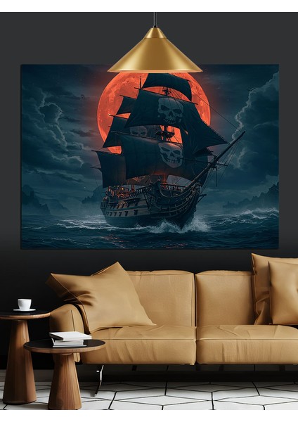 Kırmızı Ay Altında Yelkenli Gemi Dekoratif Kanvas - Mdf Ahşap Tablo fırsatları