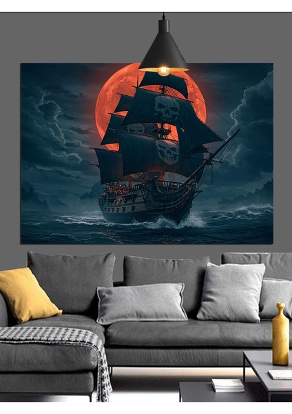 Kırmızı Ay Altında Yelkenli Gemi Dekoratif Kanvas - Mdf Ahşap Tablo indirimleri