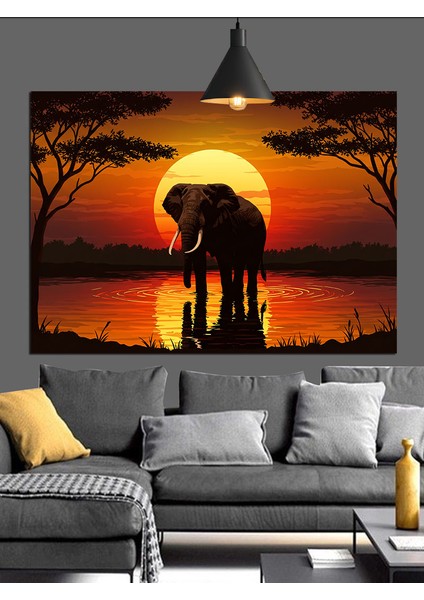 Gün Batımında Yalnız Fil Dekoratif Kanvas - Mdf Ahşap Tablo