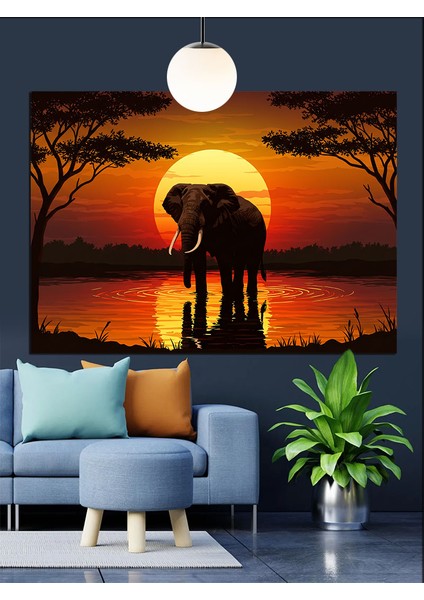Gün Batımında Yalnız Fil Dekoratif Kanvas - Mdf Ahşap Tablo fırsatları
