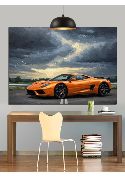 Turuncu Spor Araba Manzarası Dekoratif Kanvas - Mdf Ahşap Tablo