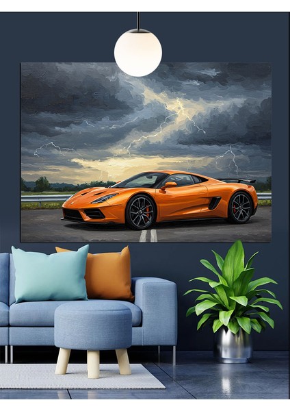Turuncu Spor Araba Manzarası Dekoratif Kanvas - Mdf Ahşap Tablo fiyatları