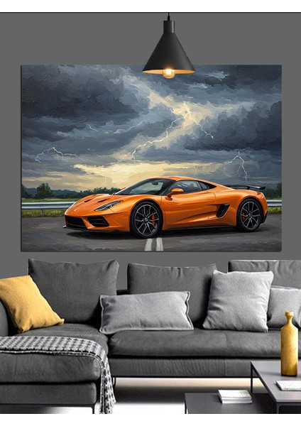 Turuncu Spor Araba Manzarası Dekoratif Kanvas - Mdf Ahşap Tablo fırsatları