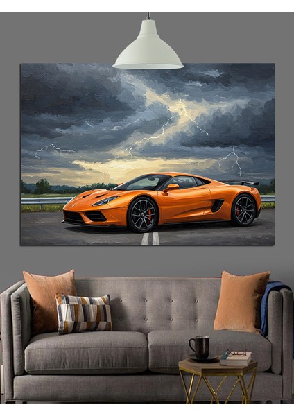 Turuncu Spor Araba Manzarası Dekoratif Kanvas - Mdf Ahşap Tablo indirimleri
