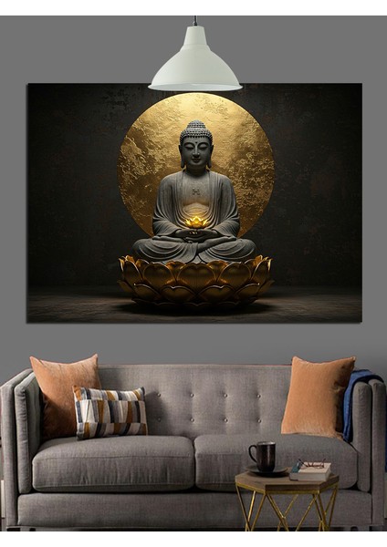 Altın Arka Planlı Meditasyon Buda Dekoratif Kanvas - Mdf Ahşap Tablo