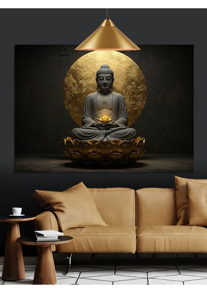 Altın Arka Planlı Meditasyon Buda Dekoratif Kanvas - Mdf Ahşap Tablo fırsatları