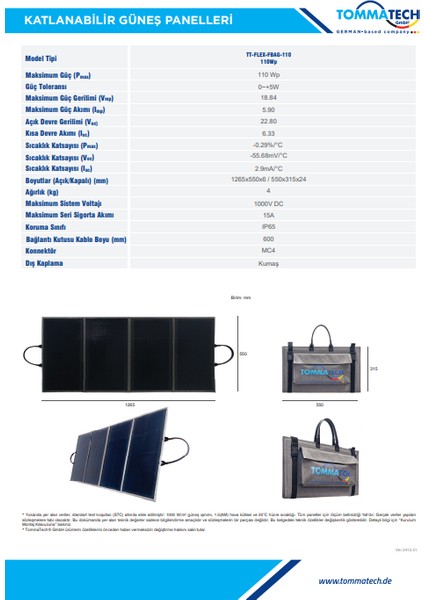 Katlanabilir Güneş Paneli TT-FLEX-FBAG-110 110WP