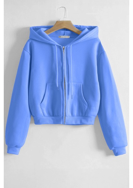 Kadın Pamuklu Crop Model Kanguru Cepli Sonbahar ve Ilkbahar Kapüşonlu Crop Sweatshirt