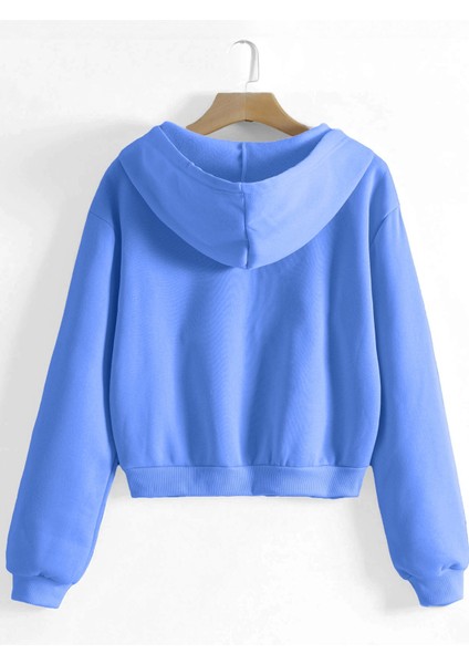 Kadın Pamuklu Crop Model Kanguru Cepli Sonbahar ve Ilkbahar Kapüşonlu Crop Sweatshirt fiyatları