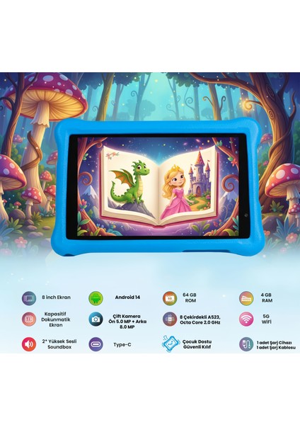 NPK01PRO 8" 1280X800 IPS Ekran 4gb 64GB ANDROID14 A523 2.0ghz Antişok Kılıf Çocuk Tableti fiyatları