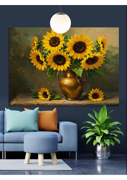 Altın Vazo Içinde Ayçiçekleri Dekoratif Kanvas - Mdf Ahşap Tablo