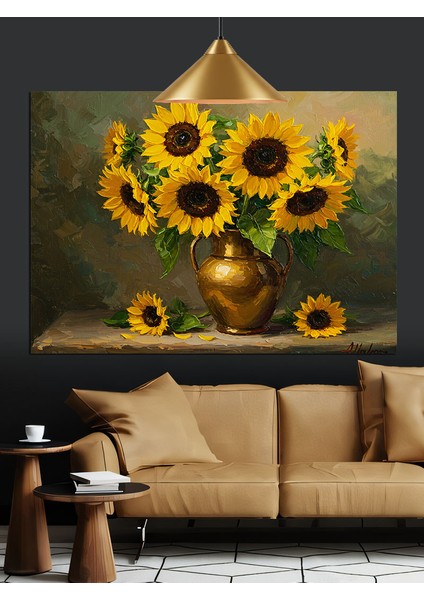Altın Vazo Içinde Ayçiçekleri Dekoratif Kanvas - Mdf Ahşap Tablo fiyatları