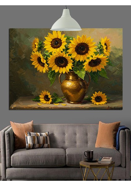 Altın Vazo Içinde Ayçiçekleri Dekoratif Kanvas - Mdf Ahşap Tablo fırsatları