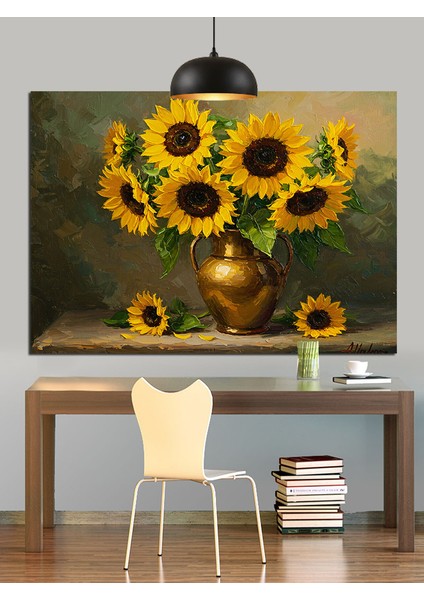 Altın Vazo Içinde Ayçiçekleri Dekoratif Kanvas - Mdf Ahşap Tablo indirimleri