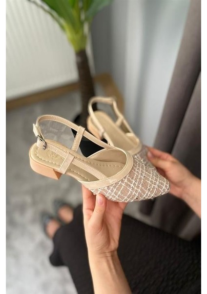 Kadın Bej Keten Arkası Acık Sivri Burun Günlük Babet modelleri