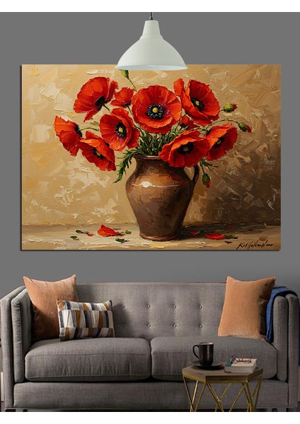 Vazoda Kırmızı Gelincikler Dekoratif Kanvas - Mdf Ahşap Tablo fiyatları