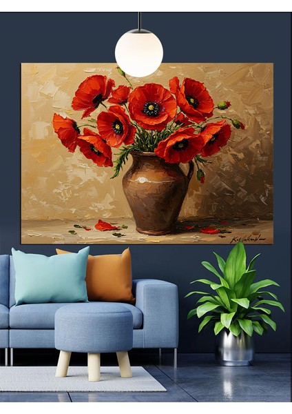 Vazoda Kırmızı Gelincikler Dekoratif Kanvas - Mdf Ahşap Tablo fırsatları