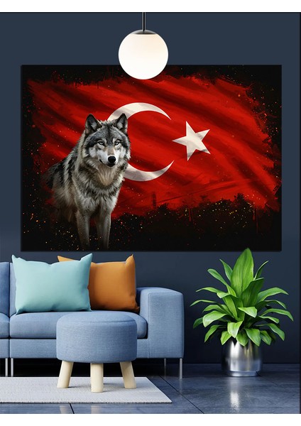 Türk Bayrağı Önünde Kurt Dekoratif Kanvas - Mdf Ahşap Tablo fiyatları