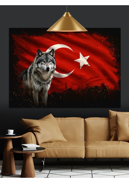 Türk Bayrağı Önünde Kurt Dekoratif Kanvas - Mdf Ahşap Tablo modelleri