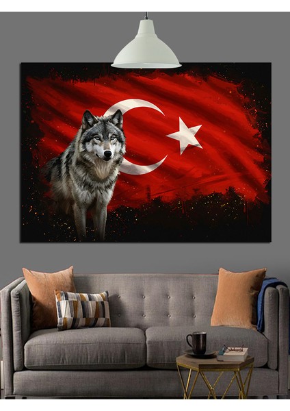 Türk Bayrağı Önünde Kurt Dekoratif Kanvas - Mdf Ahşap Tablo indirimleri