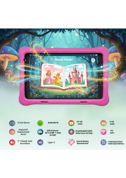 NPK01PRO 8" 1280X800 IPS Ekran 4gb 64GB ANDROID14 A523 2.0ghz Antişok Kılıf Çocuk Tableti fiyatları