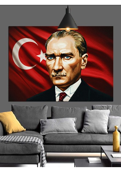 Bayrak Önünde Atatürk Portresi Dekoratif Kanvas - Mdf Ahşap Tablo