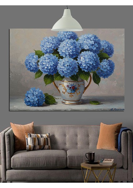 Vazoda Mavi Ortancalar Dekoratif Kanvas - Mdf Ahşap Tablo fırsatları