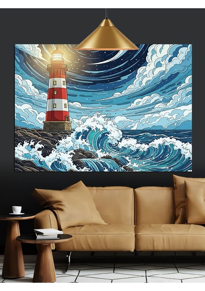 Fırtınalı Dalgalar ve Deniz Feneri Dekoratif Kanvas - Mdf Ahşap Tablo