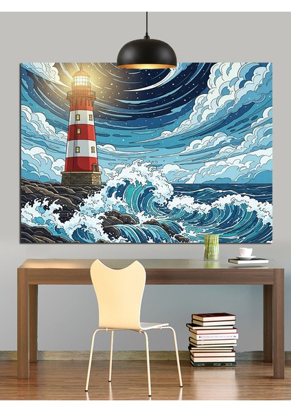 Fırtınalı Dalgalar ve Deniz Feneri Dekoratif Kanvas - Mdf Ahşap Tablo fırsatları