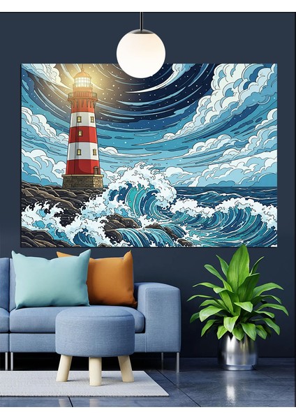 Fırtınalı Dalgalar ve Deniz Feneri Dekoratif Kanvas - Mdf Ahşap Tablo indirimleri