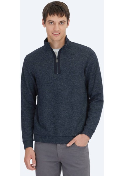 Lacivert Dik Yaka Çizgili Sweatshırt